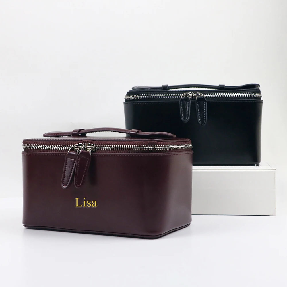 Trousse de maquillage et sac de beauté en cuir personnalisable avec nom, sac à main portable grande capacité