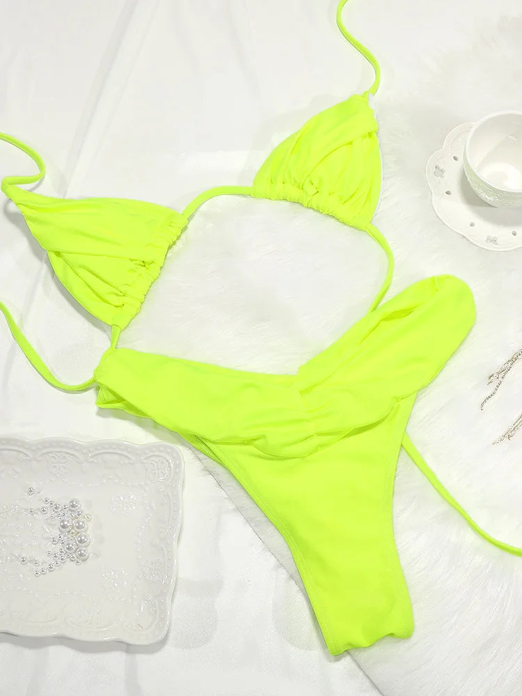Ensemble bikini sexy à plis, micro bikini uni, maillot de bain femme triangle, tenue de plage