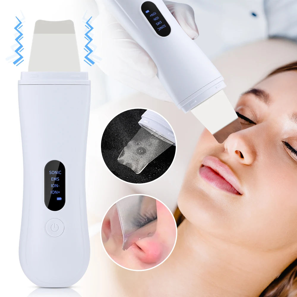 Appareil de nettoyage ultrasonique pour le visage, spatule ionique, nettoyage en profondeur, 4 modes, lifting facial, exfoliation.