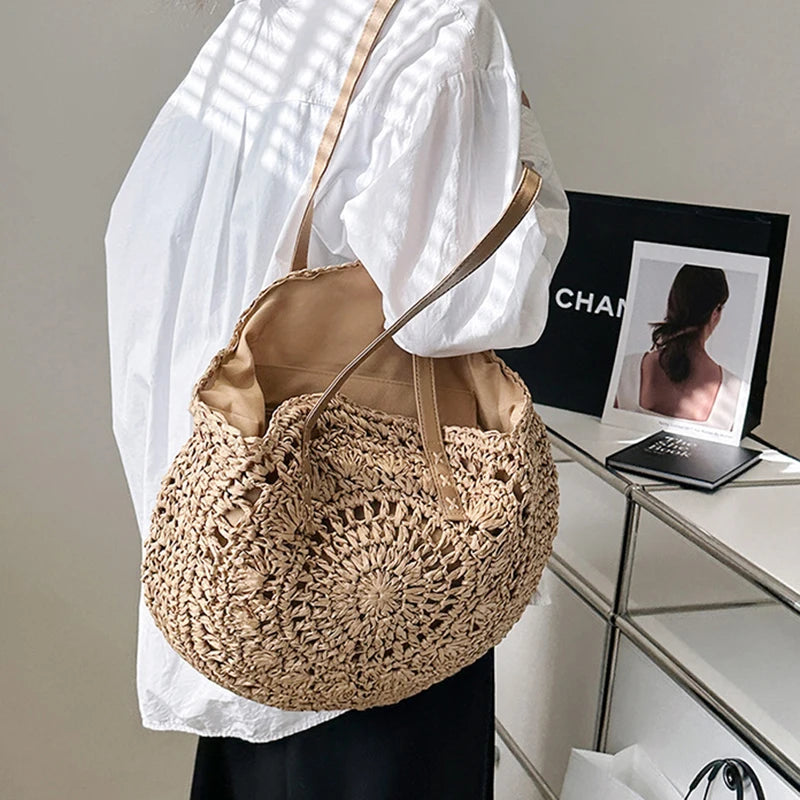 Sac cabas rond d'été en paille tressée pour femme, grande capacité, ajouré, style simple.