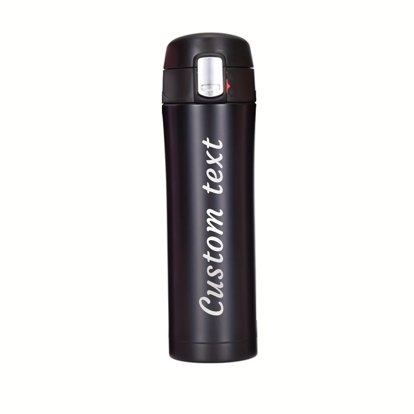 Bouteille isotherme minimaliste personnalisée avec nom gravé au laser - 500 ml, bouchon à verrouillage et couvercle à clapet, en acier inoxydable.