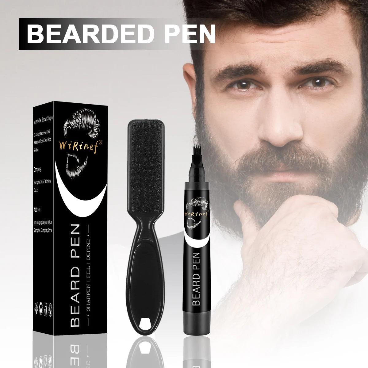 Kit de coiffure à barbe multi-usages comprenant un crayon noir, un pinceau et un outil pour couvrir les zones de poils du visage.