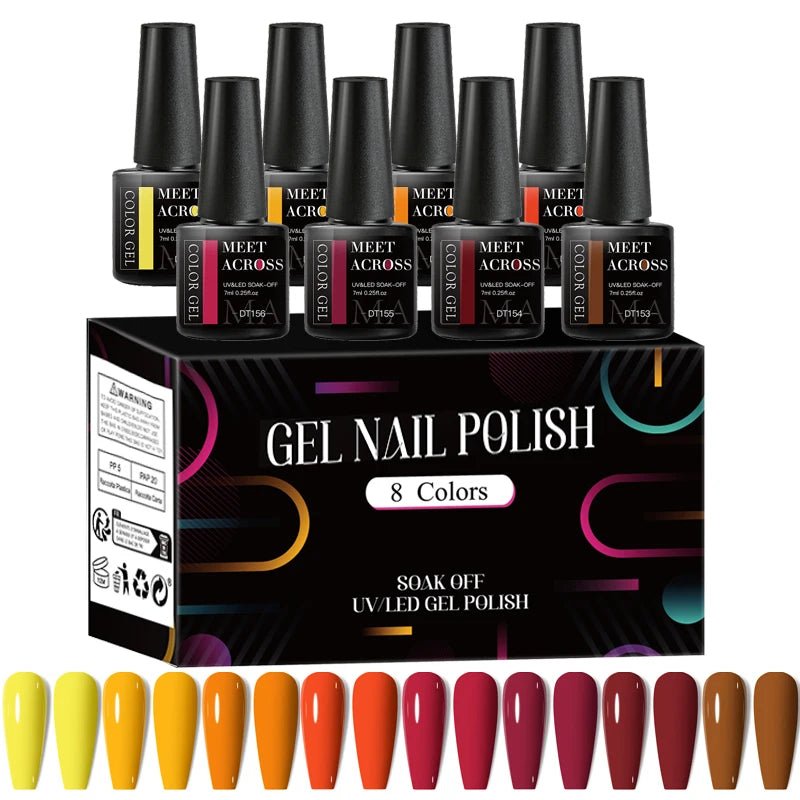 MEET ACROSS - Ensemble de 8 vernis à ongles gel fluorescents pour l'été et le printemps, avec paillettes laser colorées et manucure gel.
