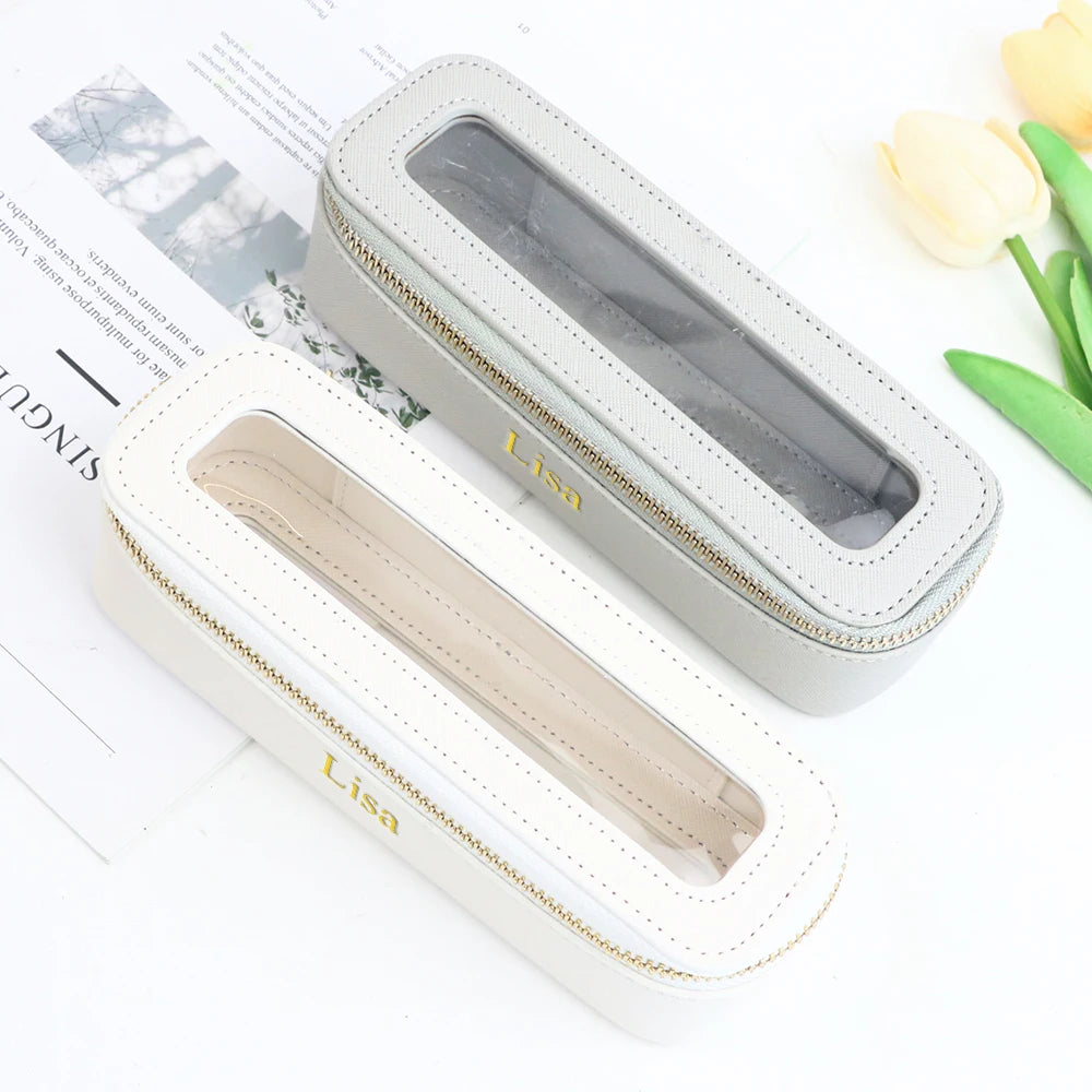 Boîte à pinceaux de maquillage transparente en cuir PU personnalisée avec nom
