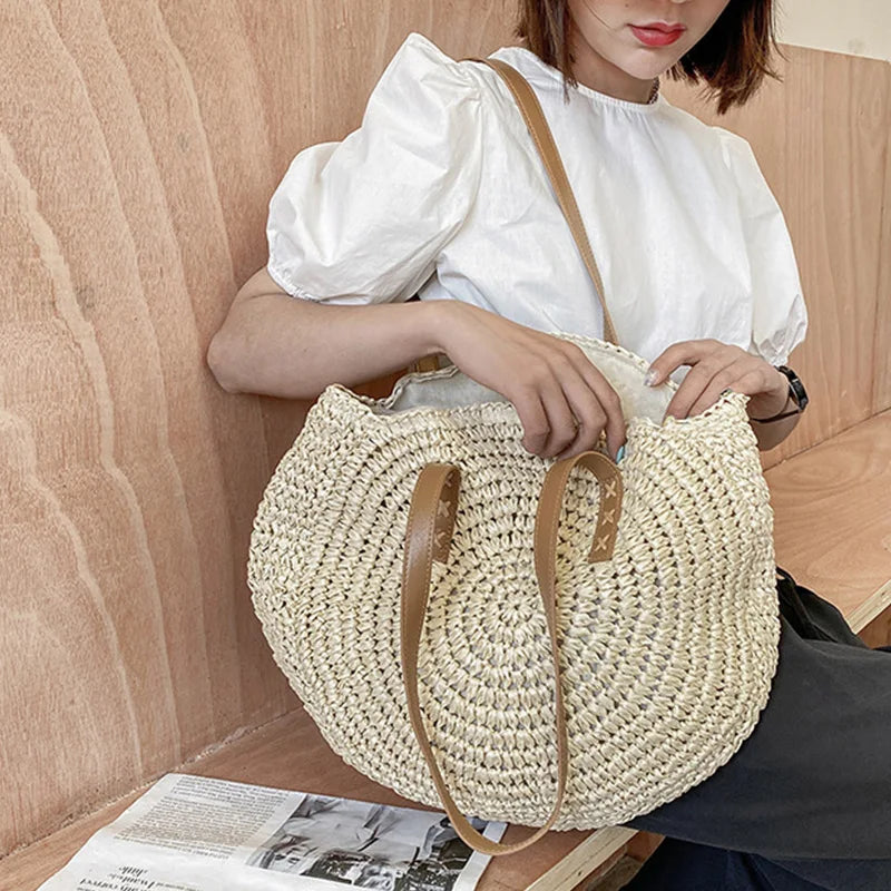 Sac cabas rond d'été en paille tressée pour femme, grande capacité, ajouré, style simple.