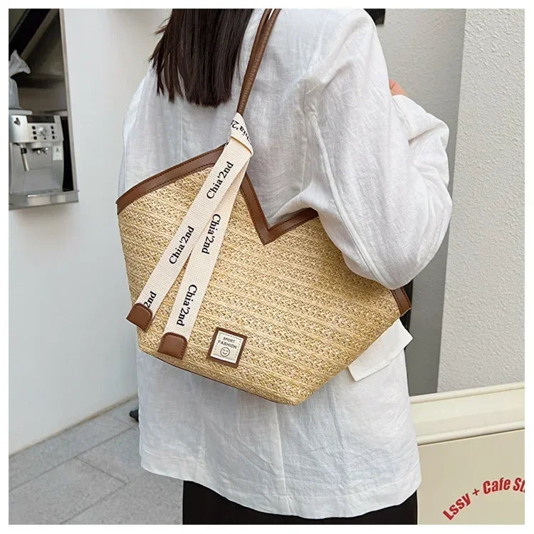 Sac bandoulière grande capacité pour femme, sac à main d'été en paille tressée, sac de plage de luxe, cabas style balinais