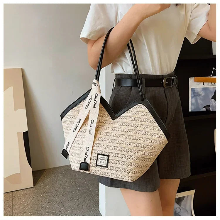 Sac bandoulière grande capacité pour femme, sac à main d'été en paille tressée, sac de plage de luxe, cabas style balinais