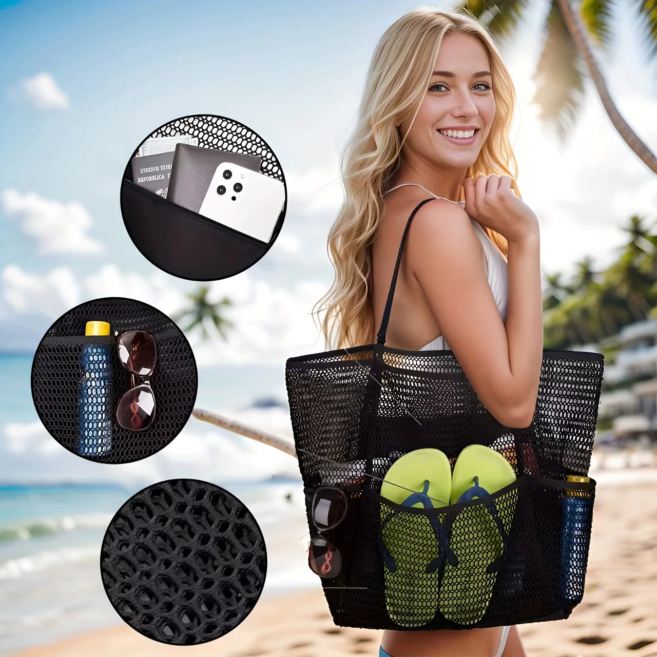 Sac cabas de plage grande capacité pour femme - Sac bandoulière en polyester tissé résistant avec ouverture sur le dessus, idéal pour les voyages et le shopping.