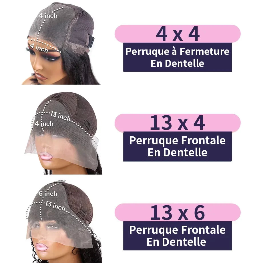 Perruque en cheveux humains bouclés avec lace front 13x4 ondulée, perruque brésilienne transparente 13x6 ondulée profonde pour femme