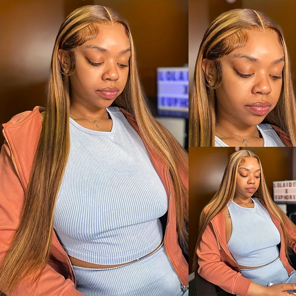 Perruque en cheveux humains lisses avec mèches ombrées, perruque frontale en dentelle HD 13x6, 100 % cheveux humains, densité 200, perruque brésilienne pré-épilée 13x4