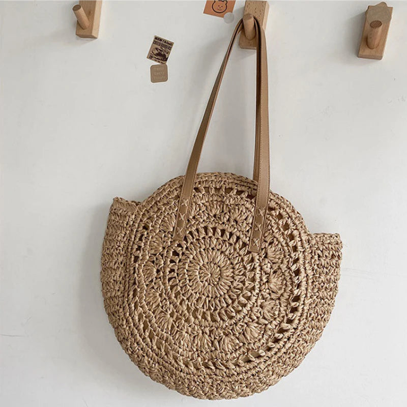 Sac cabas rond d'été en paille tressée pour femme, grande capacité, ajouré, style simple.