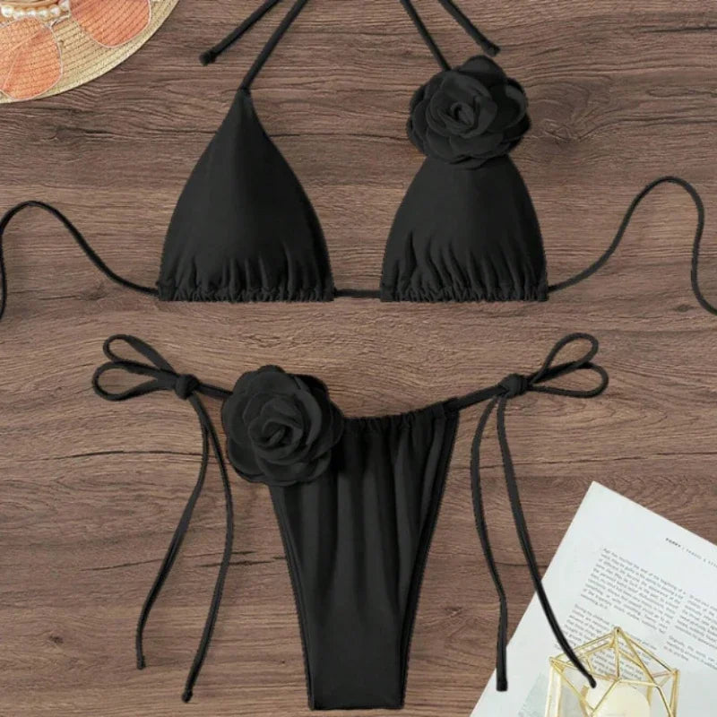 Maillot de bain deux pièces bikini sexy à fleurs 3D, bretelles et dos nu, tailles S à L.