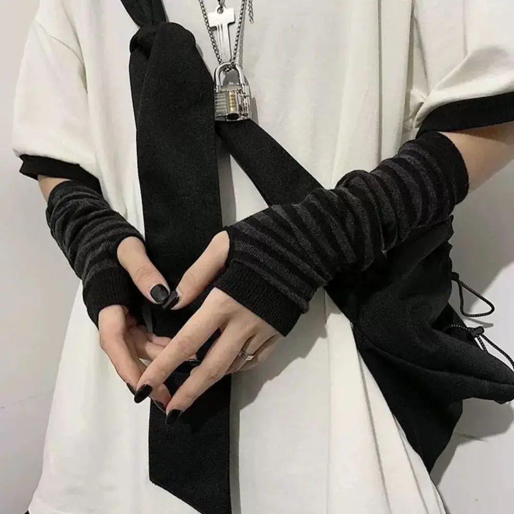 Gants chauds rayés en maille pour femmes et filles, mitaines sans doigts couvrant les coudes, couvrant les bras et les coudes.