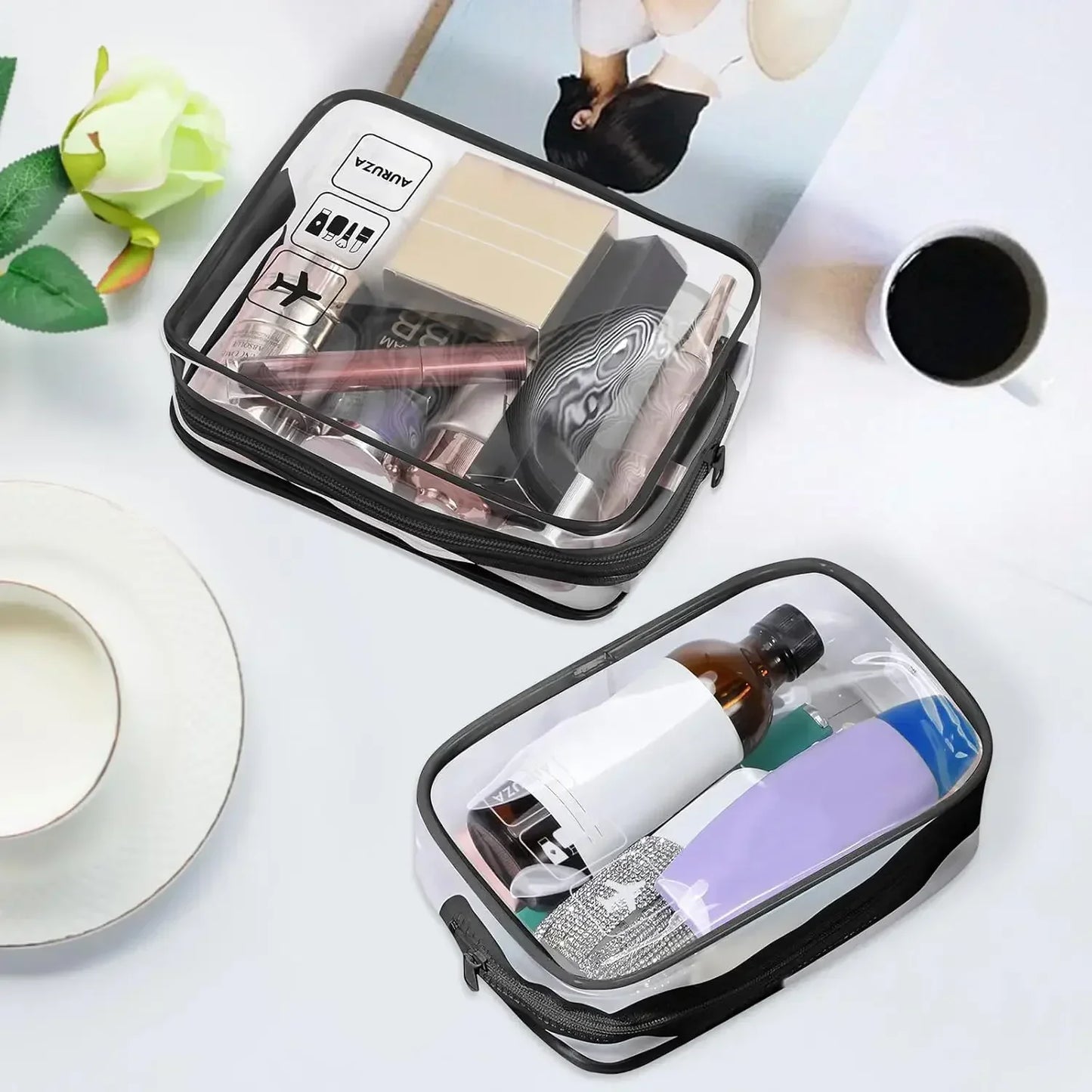 Trousse de maquillage transparente à fermeture éclair (1 ou 3 pièces) pour homme et femme, idéale pour les voyages.