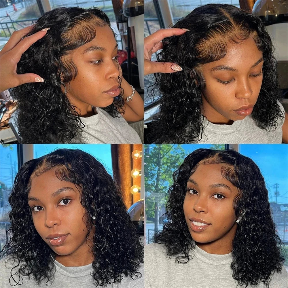 Bob court brésilien 100% cheveux humains, lace frontale 13x4, ondulations profondes, perruque bouclée avec fermeture en dentelle 4x4 pour femmes