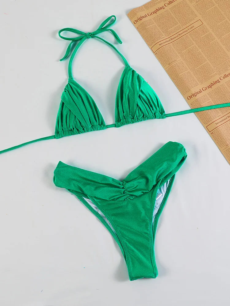 Ensemble bikini sexy à plis, micro bikini uni, maillot de bain femme triangle, tenue de plage