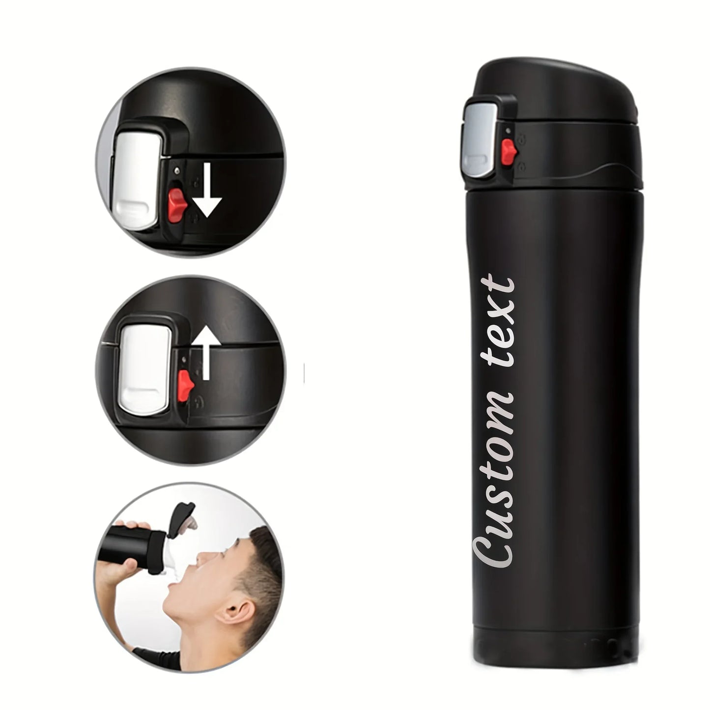 Bouteille isotherme minimaliste personnalisée avec nom gravé au laser - 500 ml, bouchon à verrouillage et couvercle à clapet, en acier inoxydable.