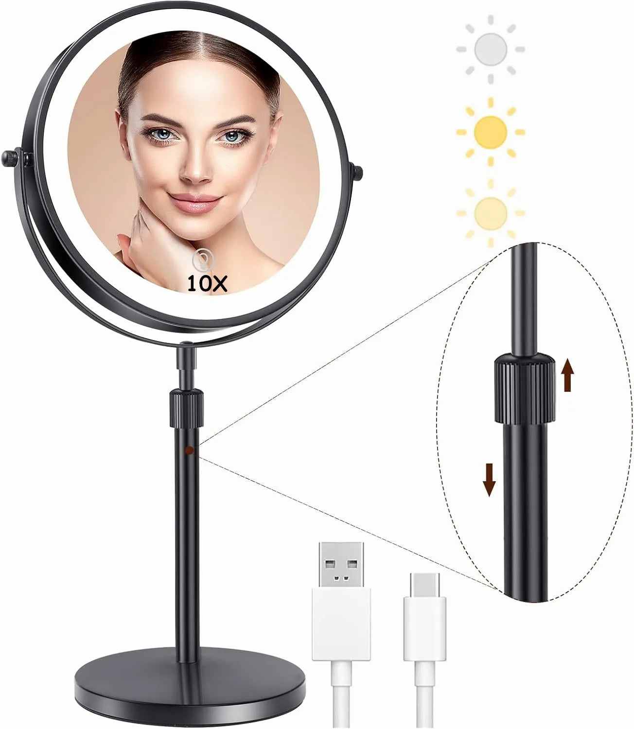 Miroir de maquillage 8 pouces avec lampe lumineuse, grossissement x10, 3 couleurs d'éclairage, luminosité réglable, hauteur réglable, miroir cosmétique sur pied