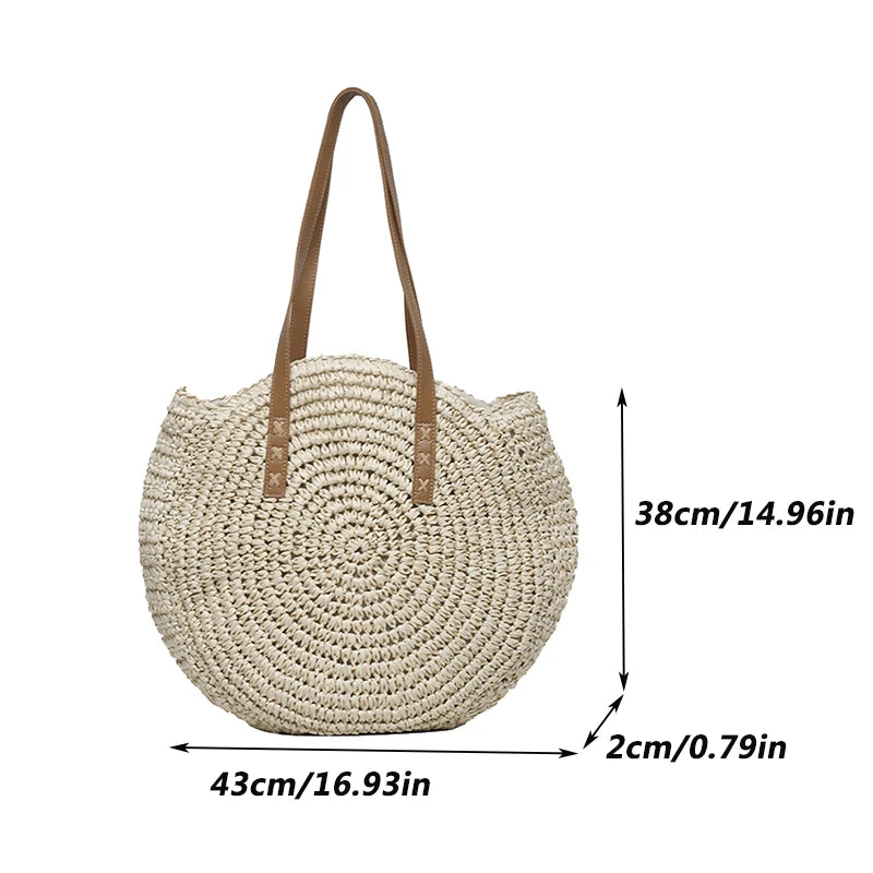 Sac cabas rond d'été en paille tressée pour femme, grande capacité, ajouré, style simple.