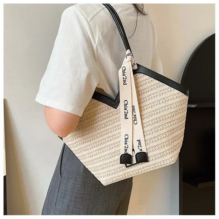 Sac bandoulière grande capacité pour femme, sac à main d'été en paille tressée, sac de plage de luxe, cabas style balinais