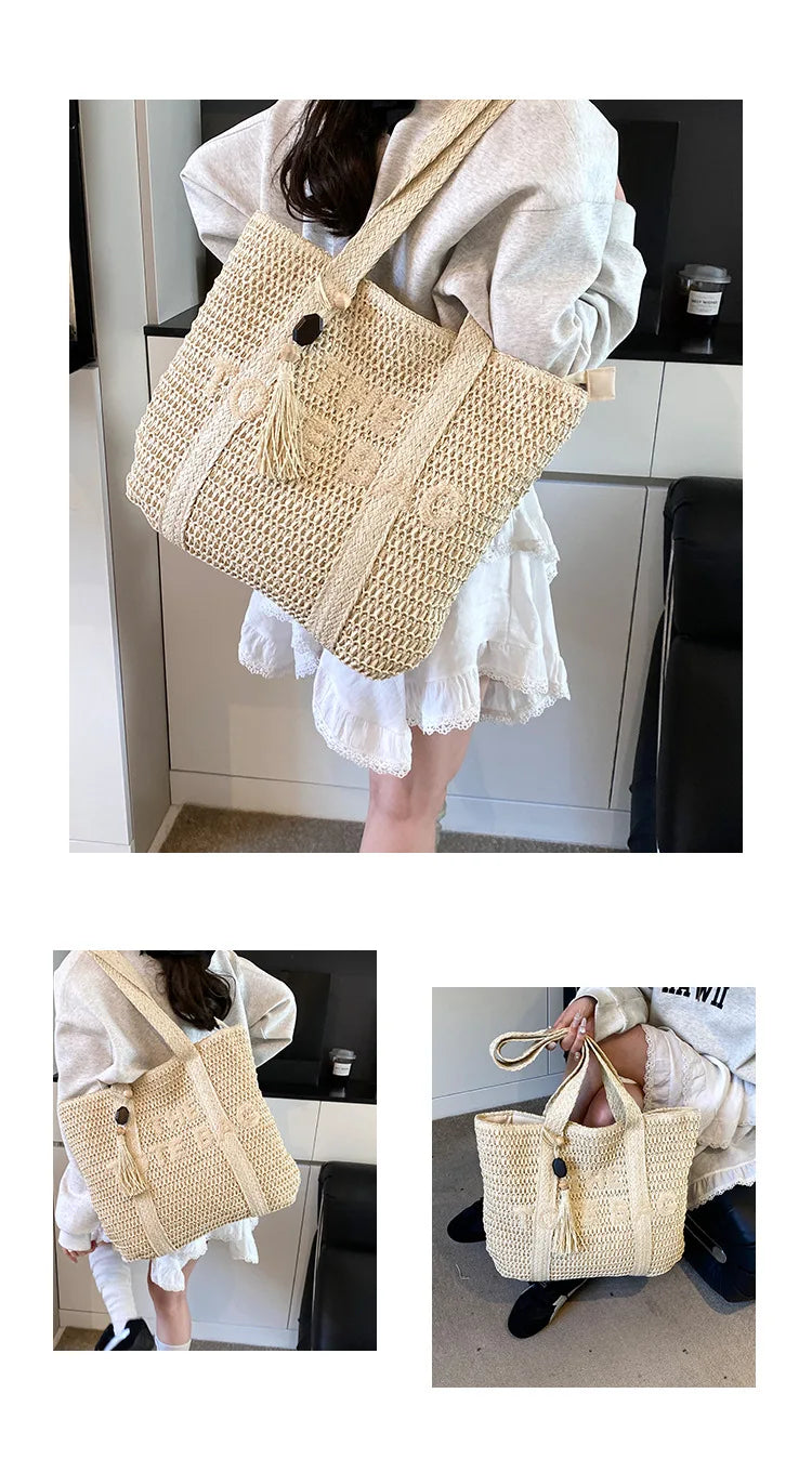 Sac en paille tressée style français grande capacité pour femme, sac bandoulière idéal pour la plage, les vacances ou les trajets quotidiens.