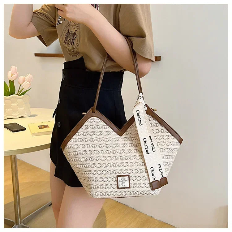 Sac bandoulière grande capacité pour femme, sac à main d'été en paille tressée, sac de plage de luxe, cabas style balinais