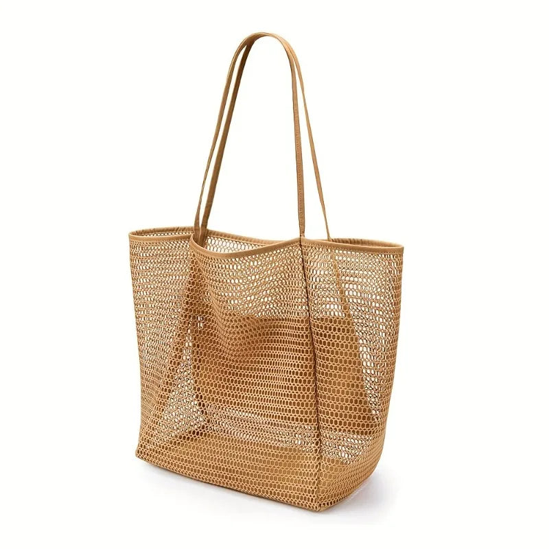 Sac cabas de plage grande capacité pour femme - Sac bandoulière en polyester tissé résistant avec ouverture sur le dessus, idéal pour les voyages et le shopping.