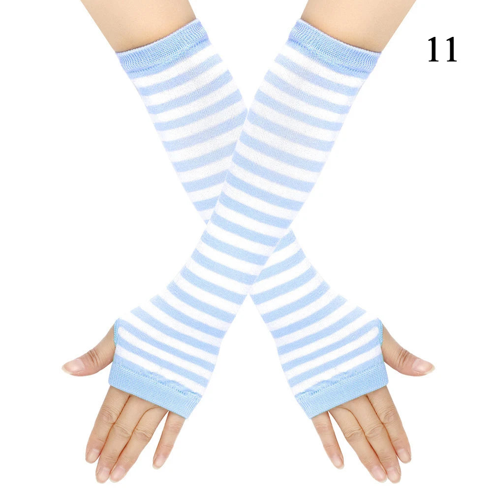 Gants chauds rayés en maille pour femmes et filles, mitaines sans doigts couvrant les coudes, couvrant les bras et les coudes.