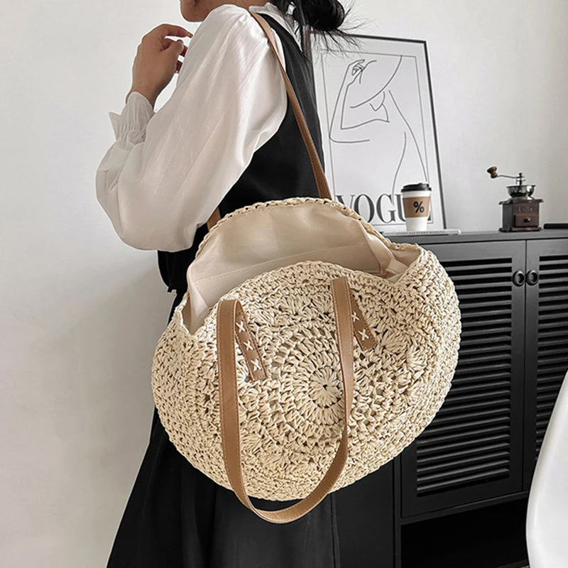 Sac cabas rond d'été en paille tressée pour femme, grande capacité, ajouré, style simple.
