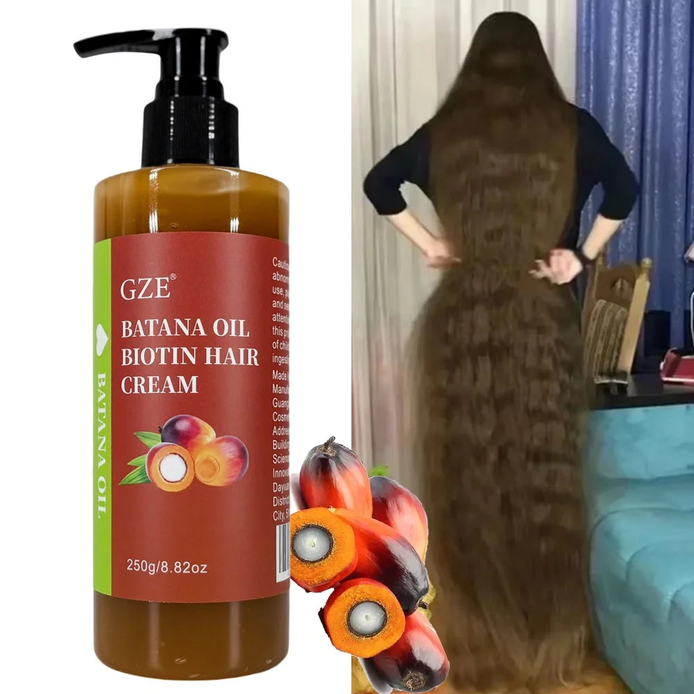 Crème capillaire à l'huile de batana et à la biotine GZE : fortifie les cheveux, répare les pointes fourchues et apporte de la douceur aux cheveux secs.