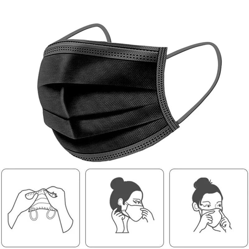 Lot de 50 masques de protection jetables à 3 couches en tissu non tissé, bleus, pour adultes.