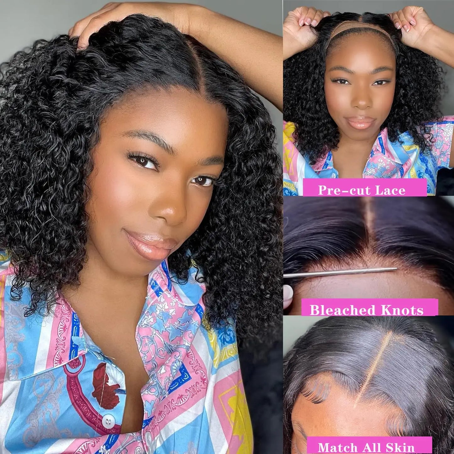 Perruque 100% cheveux humains bouclés sans colle, perruque frontale en dentelle HD 13x6, style Jerry Burmese, coupe courte au carré, prête à porter.
