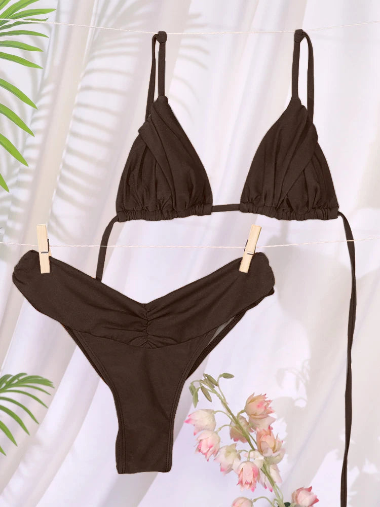 Ensemble bikini sexy à plis, micro bikini uni, maillot de bain femme triangle, tenue de plage