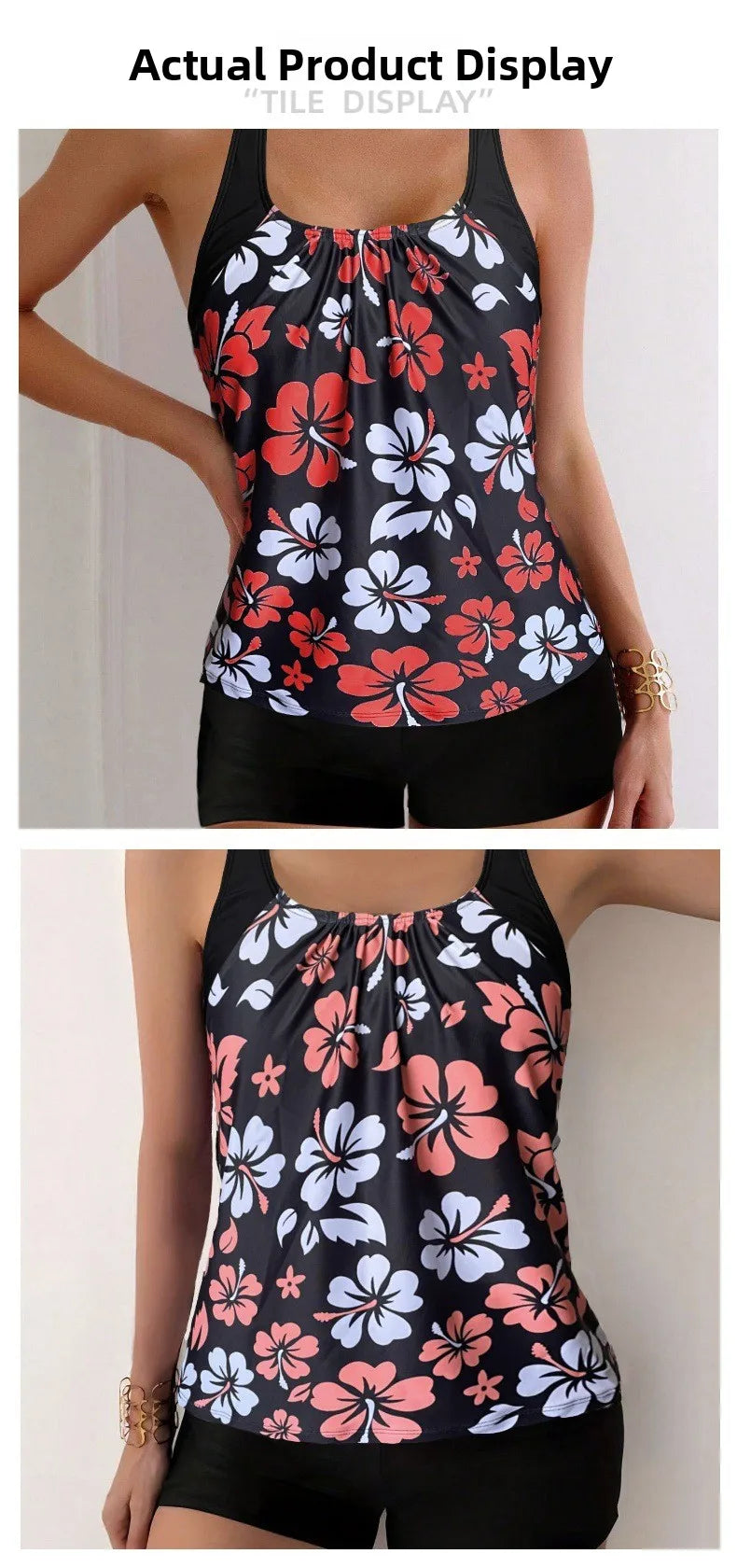 Maillot de bain deux pièces pour femme: culotte taille haute à imprimé floral, en polyester, idéal pour la natation et les sports nautiques. Design sobre.