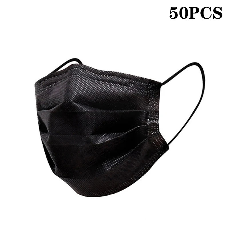 Lot de 50 masques de protection jetables à 3 couches en tissu non tissé, bleus, pour adultes.