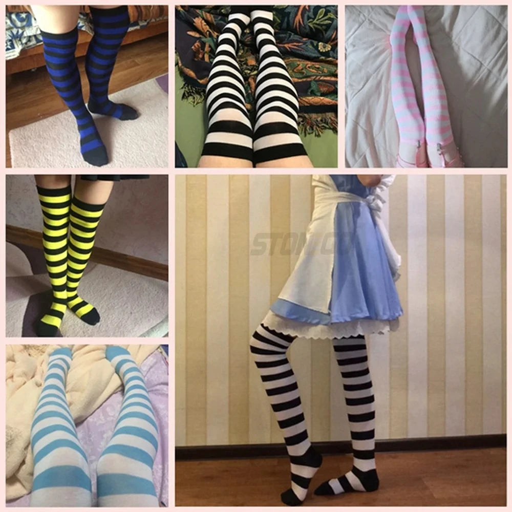 Chaussettes hautes à rayures imprimées pour femme, montantes jusqu'aux cuisses, en coton à motifs rayés