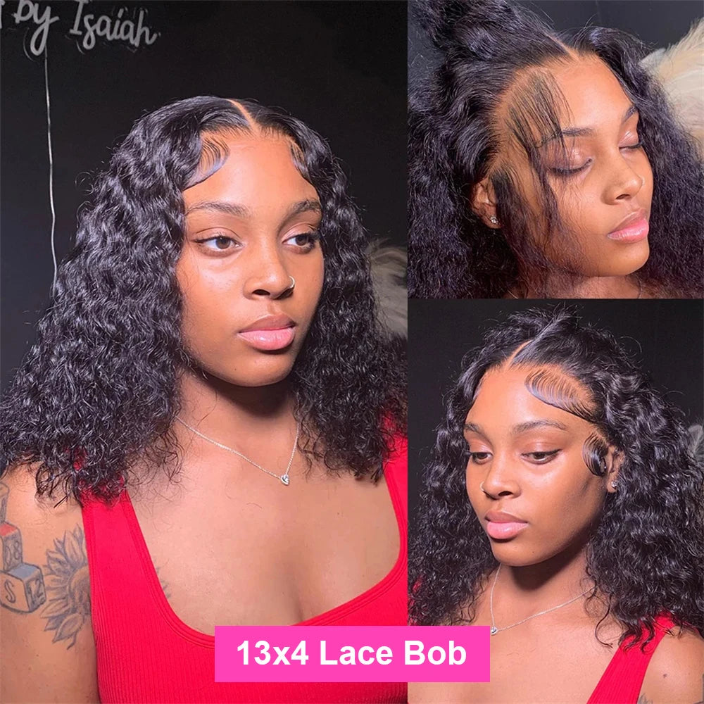 Bob court brésilien 100% cheveux humains, lace frontale 13x4, ondulations profondes, perruque bouclée avec fermeture en dentelle 4x4 pour femmes