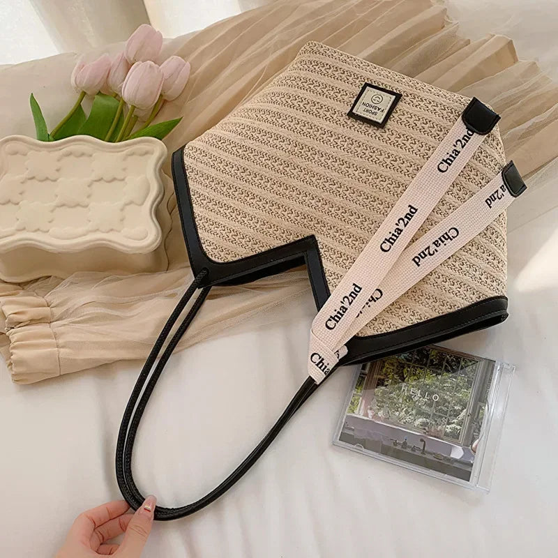 Sac bandoulière grande capacité pour femme, sac à main d'été en paille tressée, sac de plage de luxe, cabas style balinais