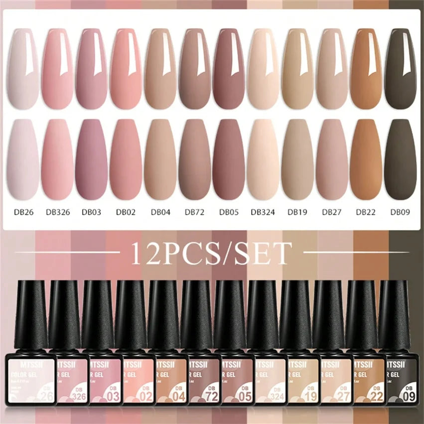 Kit de manucure semi-permanent MTSSII (12 pièces) : vernis gel semi-permanent à tremper, rose nude, rouge pailleté, UV, à paillettes. Fournitures pour ongles à faire soi-même.