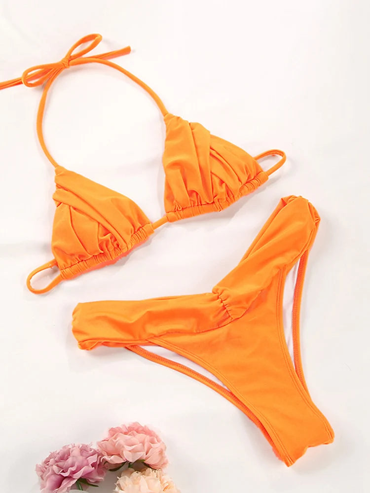 Ensemble bikini sexy à plis, micro bikini uni, maillot de bain femme triangle, tenue de plage