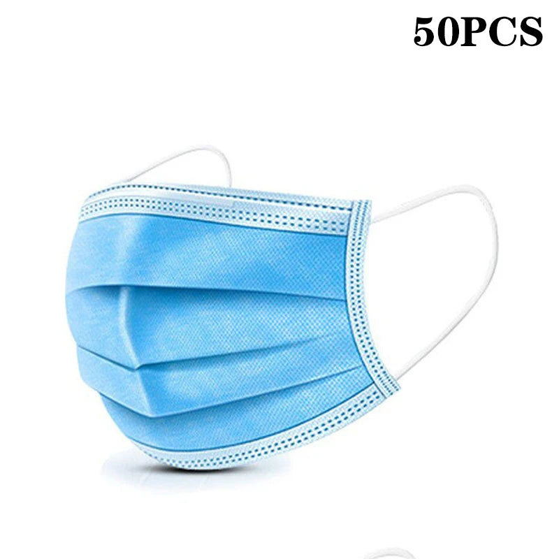 Lot de 50 masques de protection jetables à 3 couches en tissu non tissé, bleus, pour adultes.