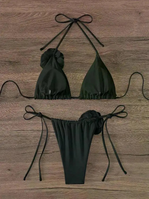 Maillot de bain deux pièces bikini sexy à fleurs 3D, bretelles et dos nu, tailles S à L.