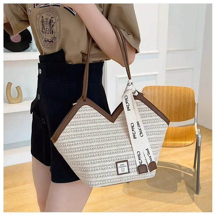 Sac bandoulière grande capacité pour femme, sac à main d'été en paille tressée, sac de plage de luxe, cabas style balinais