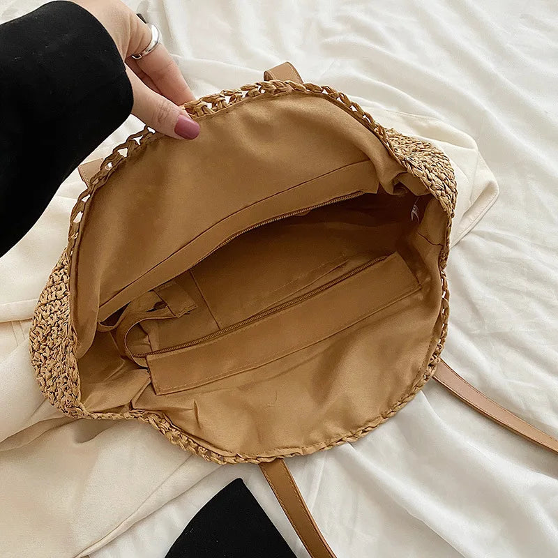 Sac cabas rond d'été en paille tressée pour femme, grande capacité, ajouré, style simple.