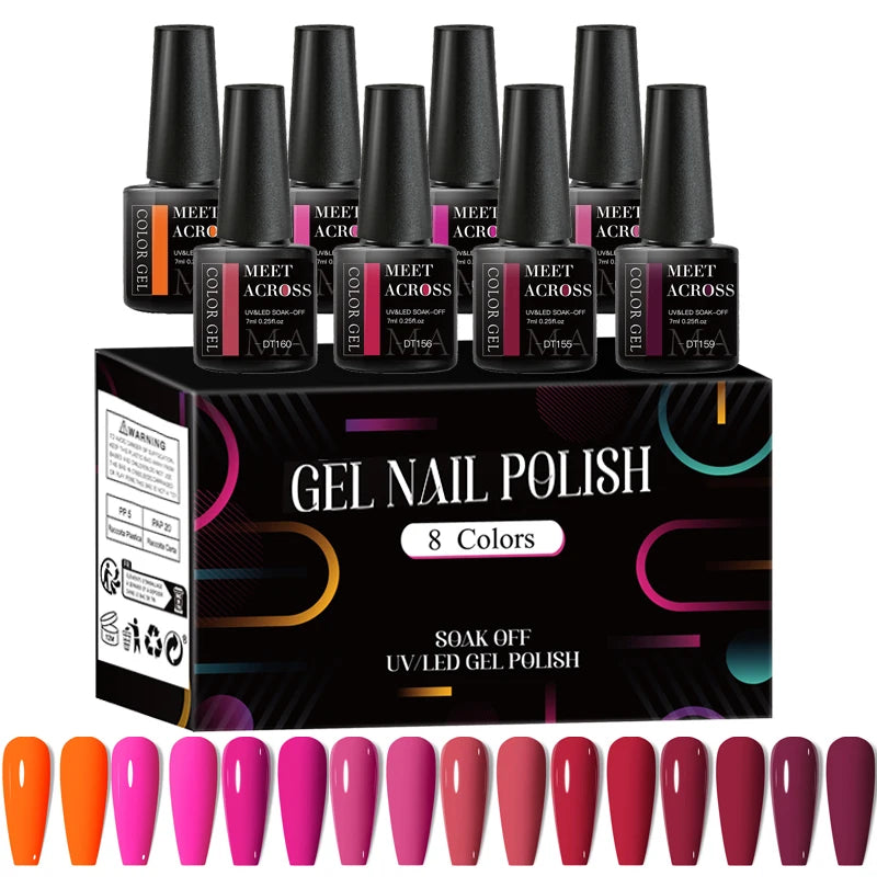 MEET ACROSS - Ensemble de 8 vernis à ongles gel fluorescents pour l'été et le printemps, avec paillettes laser colorées et manucure gel.