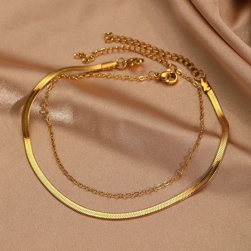 Bracelet de cheville DGIDDK en acier inoxydable, style simple et tendance, double couche, pour femme, bijou de pied polyvalent et original.