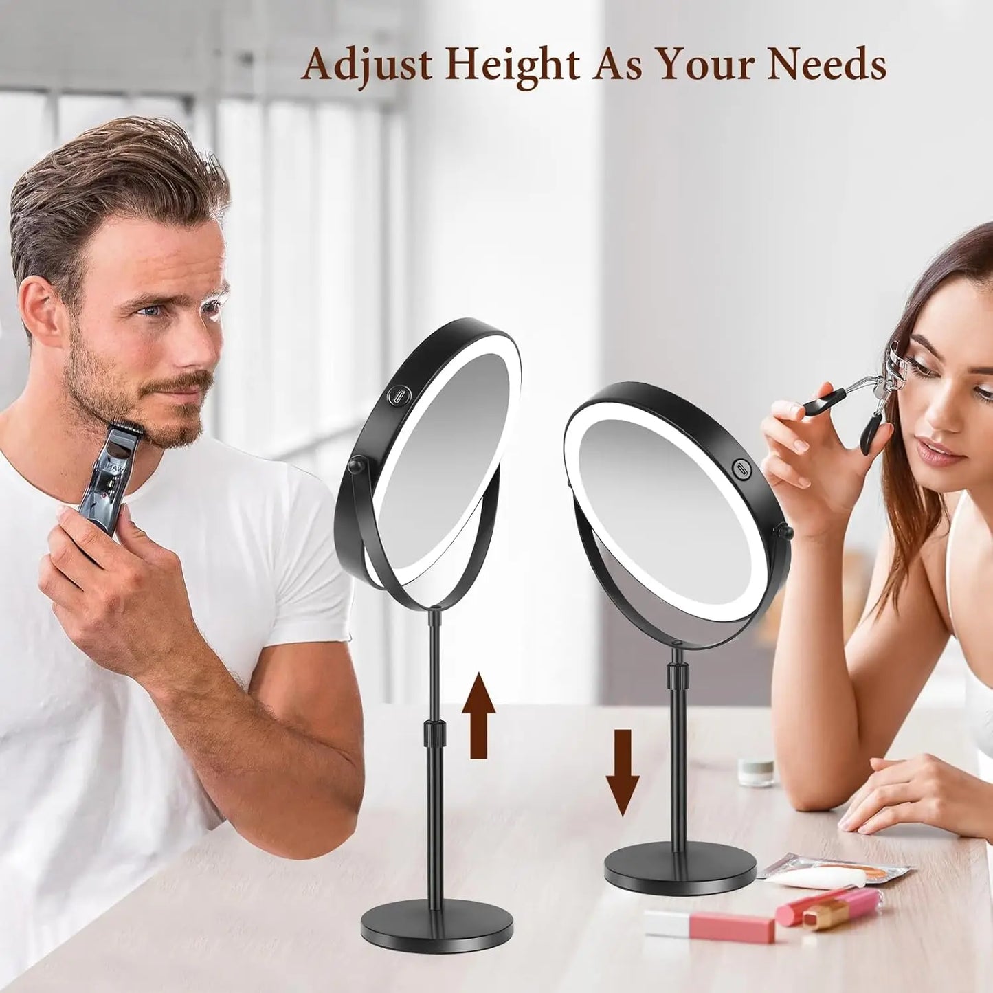 Miroir de maquillage 8 pouces avec lampe lumineuse, grossissement x10, 3 couleurs d'éclairage, luminosité réglable, hauteur réglable, miroir cosmétique sur pied