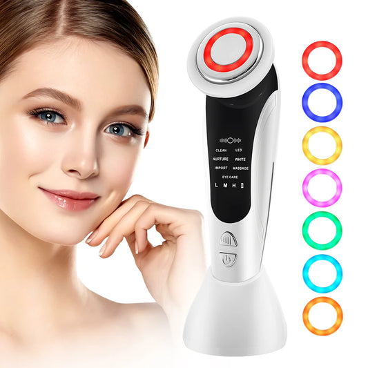 Appareil de massage facial 7 en 1 EMS avec vibration, compresse chaude, rajeunissement de la peau, raffermissement du visage, nettoyage en profondeur et soin de beauté