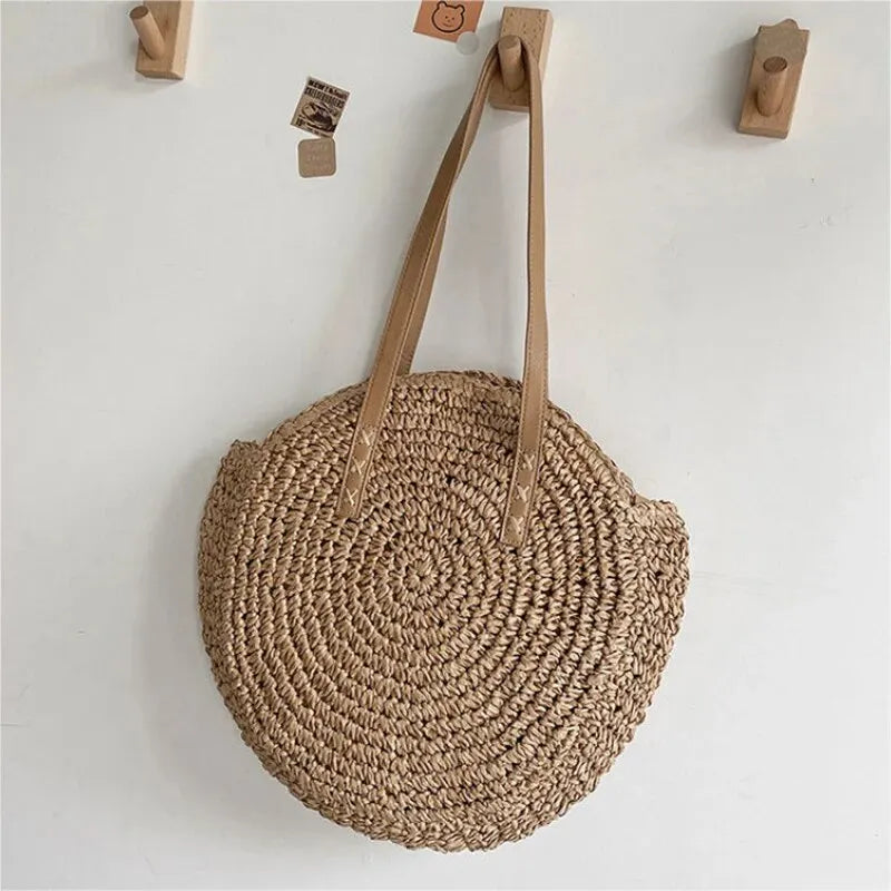 Sac cabas rond d'été en paille tressée pour femme, grande capacité, ajouré, style simple.
