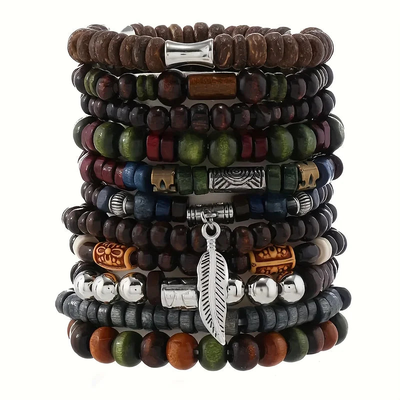 Lot de 10 bracelets bohèmes vintage pour homme - Accessoire de mode élégant avec motif de feuilles, bijou tendance et durable à offrir